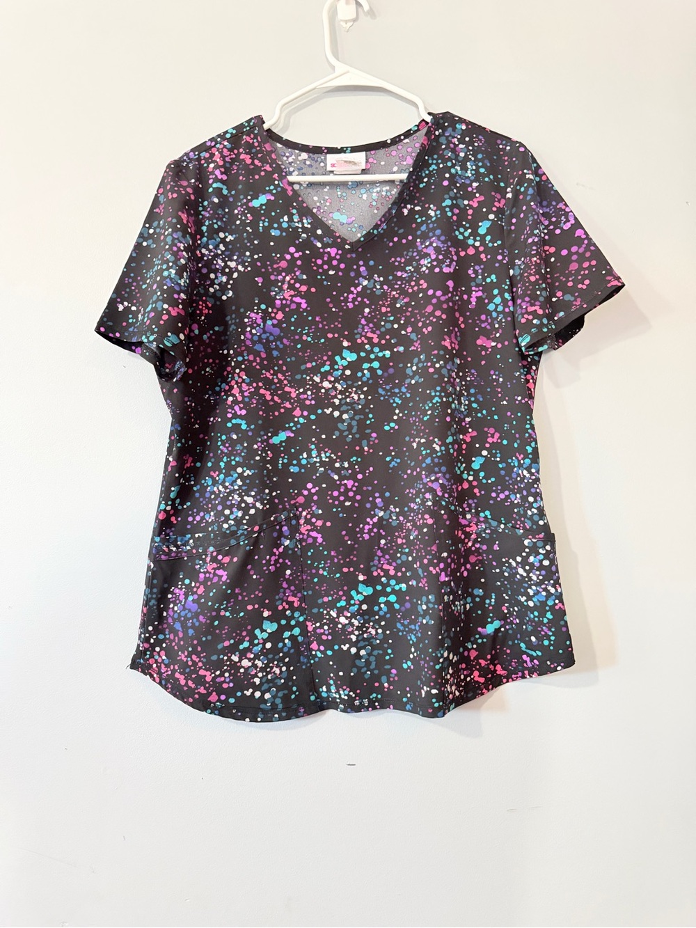 Women’s Black V-Neck scrub top with Pink & Teal Splatter Print
